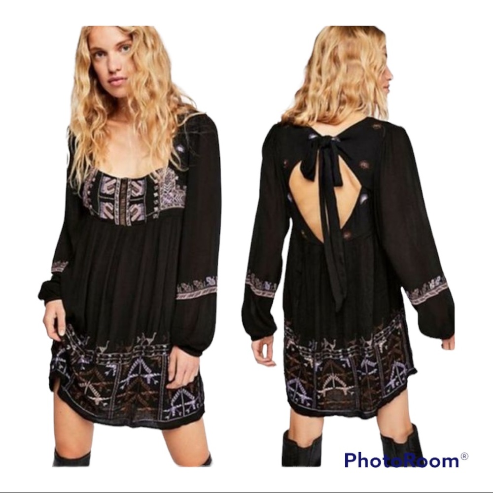 NWT Free People Rhiannon Black Boho Gauze Embroidered Open Back Mini D…